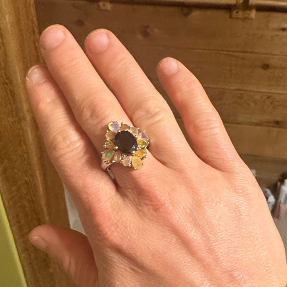 Opal and onyx Elegant Multi-Stone Silver Ring